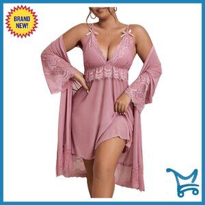 Plus Size Lace Robe Pajama Set Nightgown Lounge Wear Sleepwear